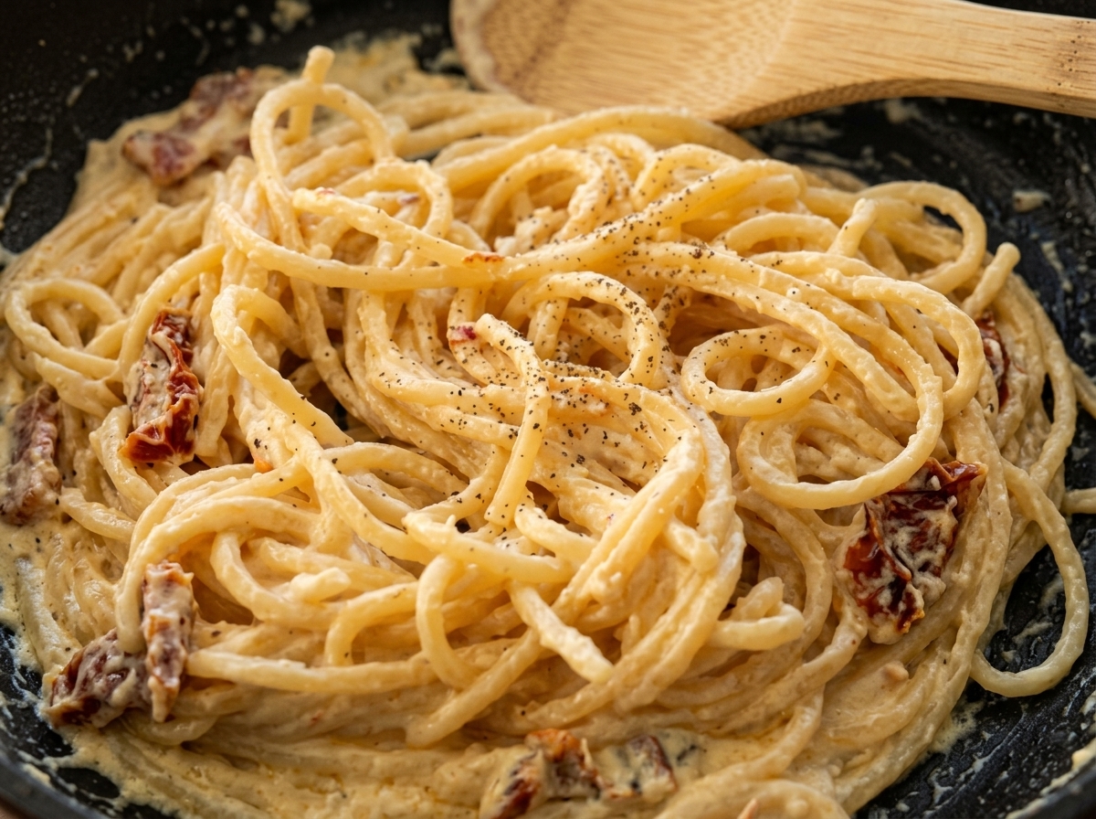 Nahaufnahme von cremigen Spaghetti, die mit frisch gemahlenem schwarzem Pfeffer bestreut sind.