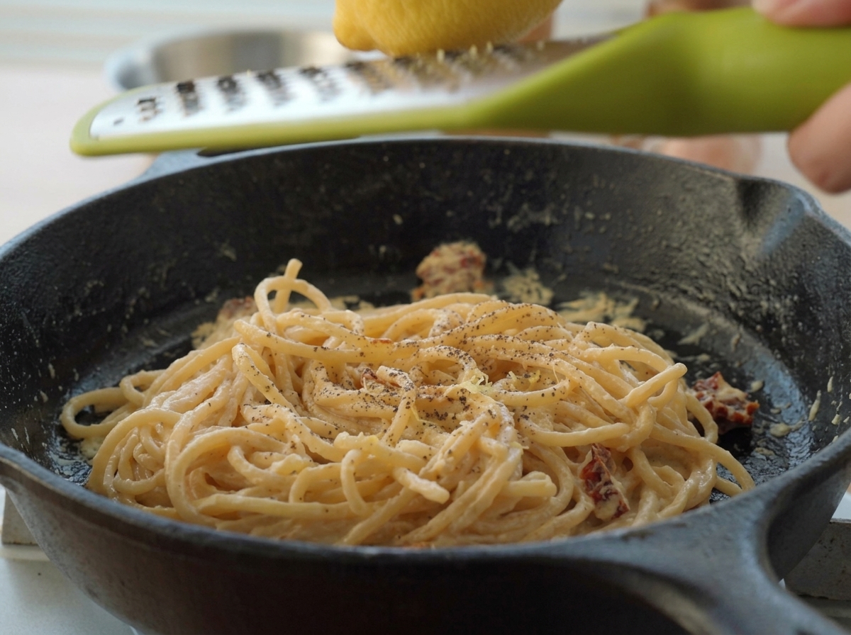 Frische gelbe Zitronenschale wird mit einer Reibe über die cremigen Spaghetti in der Pfanne gerieben.