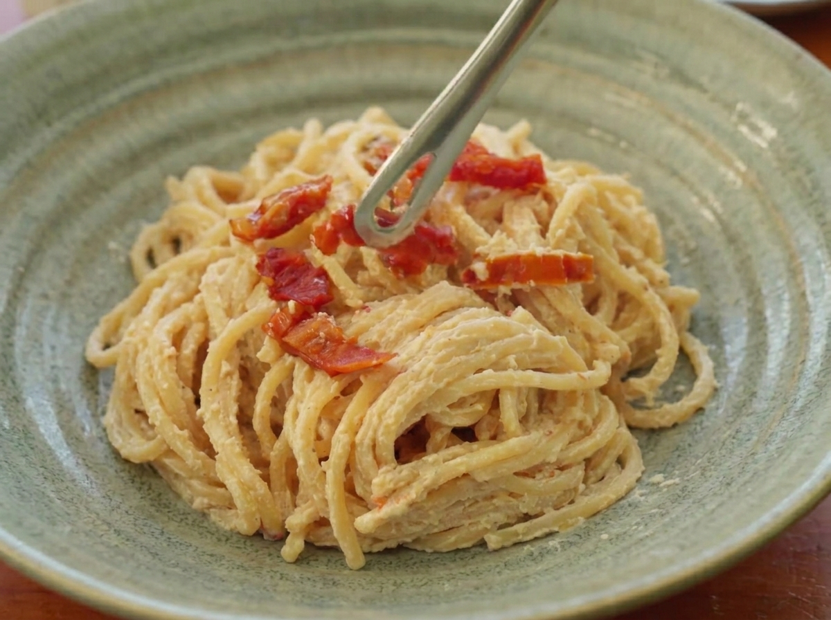 Eine Kochzange platziert rote Tomatenstücke auf den cremigen Spaghetti in einer rustikalen grünen Schüssel.