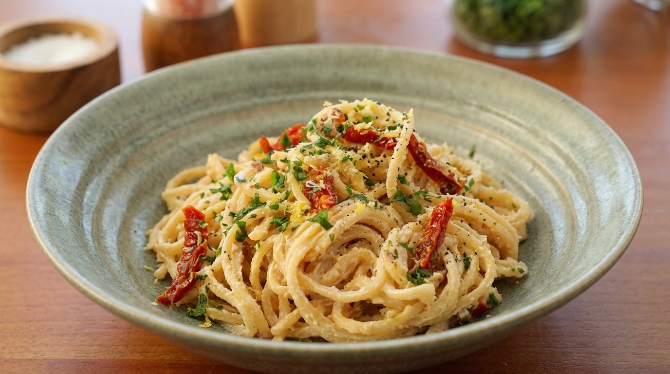 Cremige Ricotta-Spaghetti mit getrockneten Tomaten