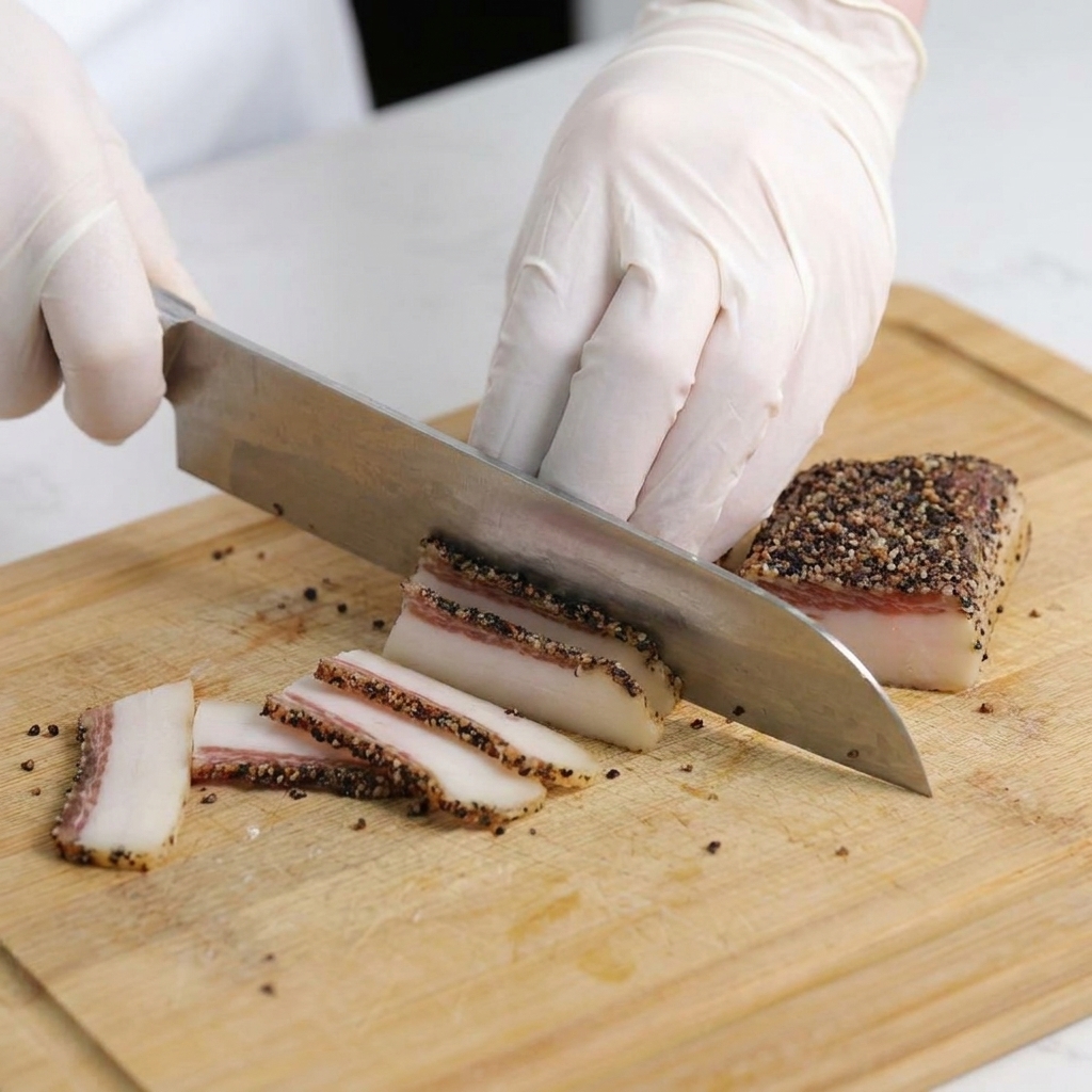 Hände mit weißen Handschuhen schneiden pfeffrigen Guanciale mit einem Kochmesser in dicke Streifen auf einem Holzbrett.