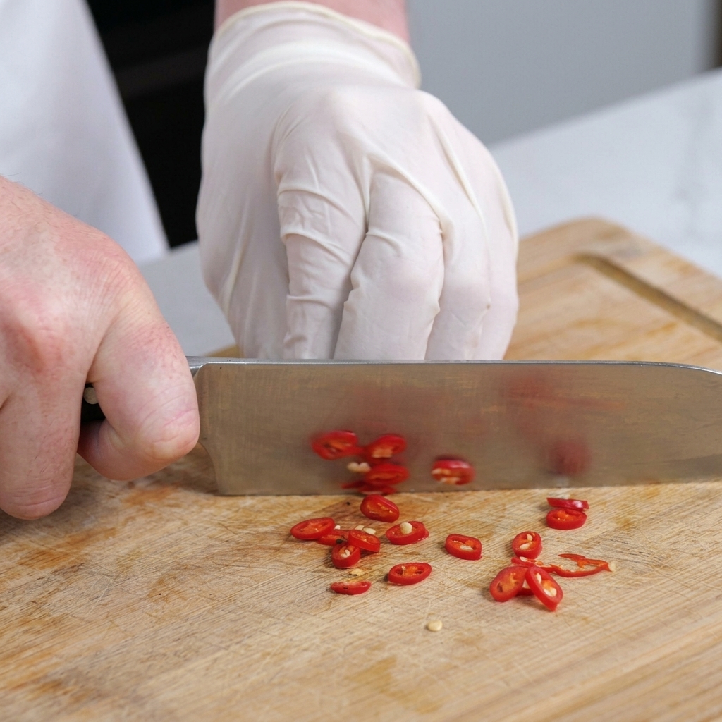 Eine Hand schneidet kleine rote Chilischoten fein mit einem Kochmesser auf einem Schneidebrett.