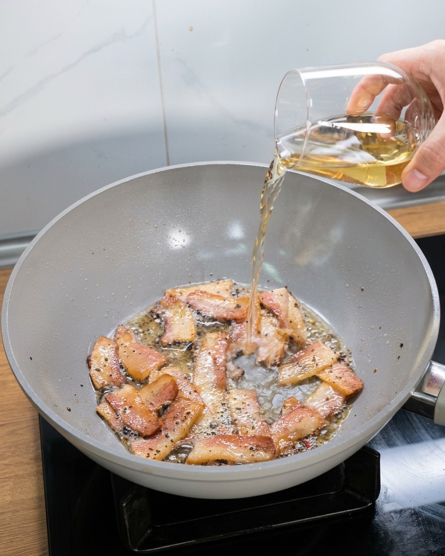 Eine Hand gießt Weißwein aus einem Glas direkt in die heiße Pfanne mit dem gebratenen Guanciale.