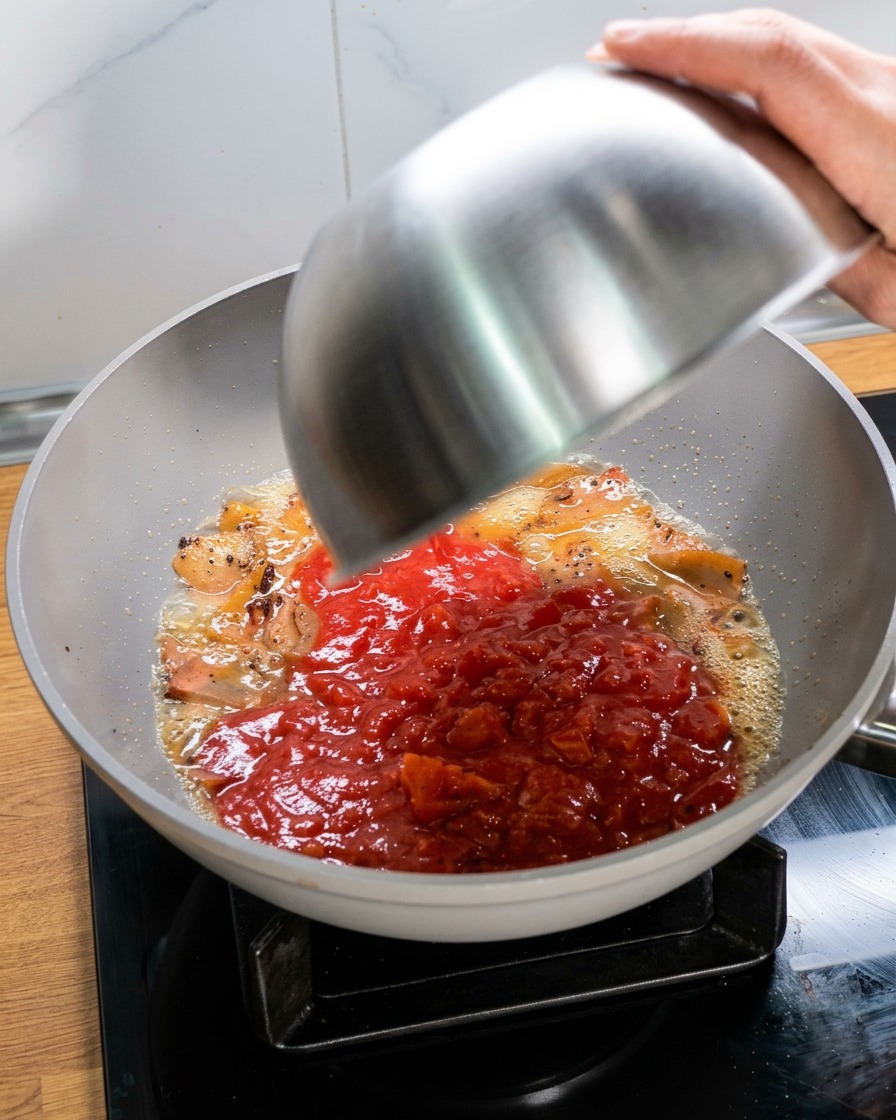 Zerkleinerte Tomaten werden aus einer Schüssel in die Pfanne zum Fleisch gegossen.