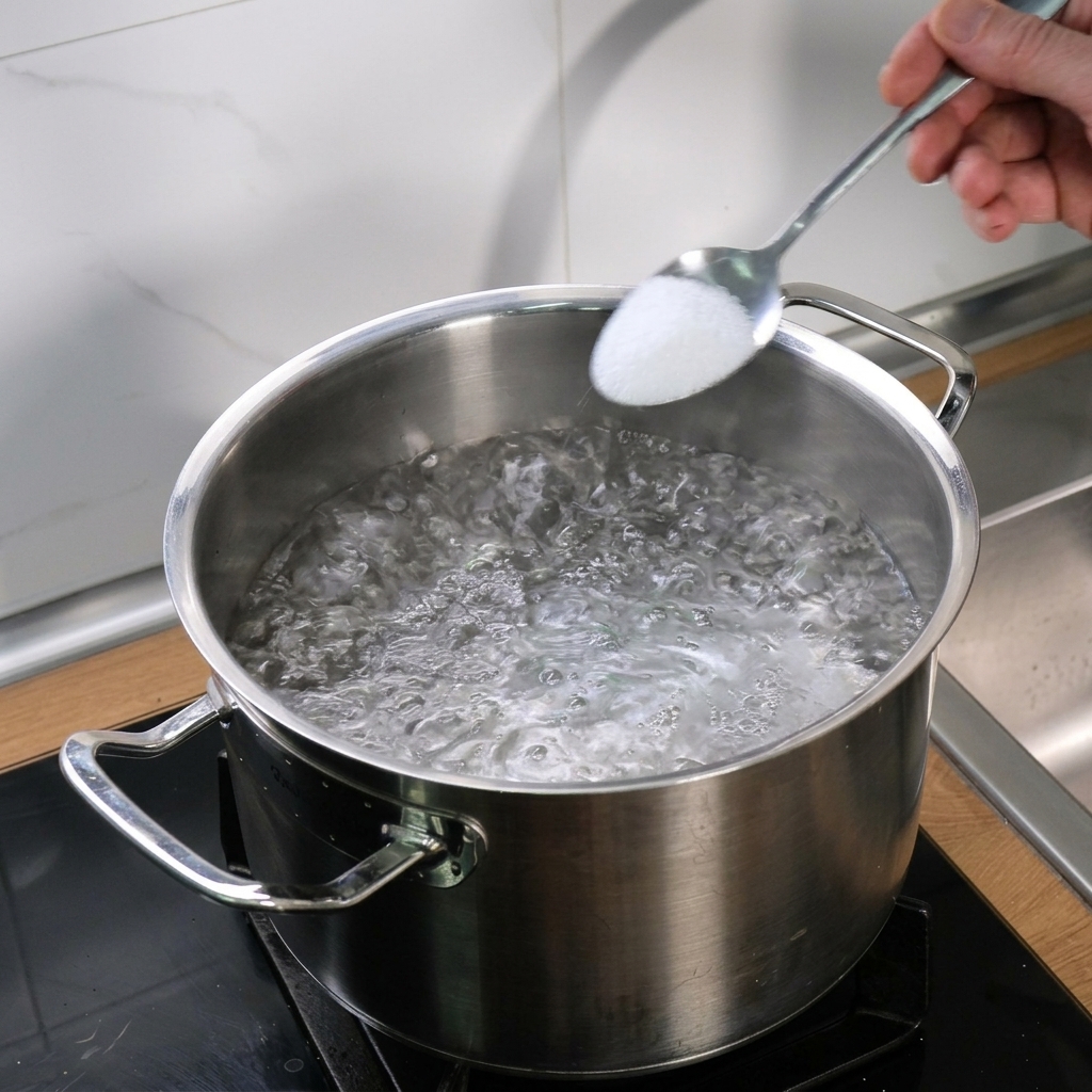 Eine Hand gibt einen Löffel Salz in einen Topf mit sprudelnd kochendem Wasser.