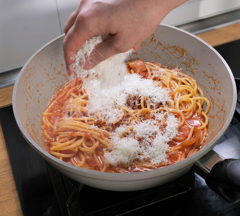 Geriebener Käse wird über die Pasta in der Pfanne gestreut.
