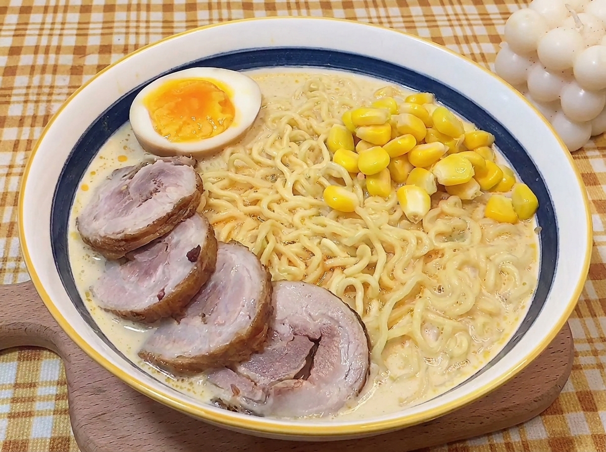 Ramen-Schale mit Chashu, einem Haufen Mais und einer Eihälfte.