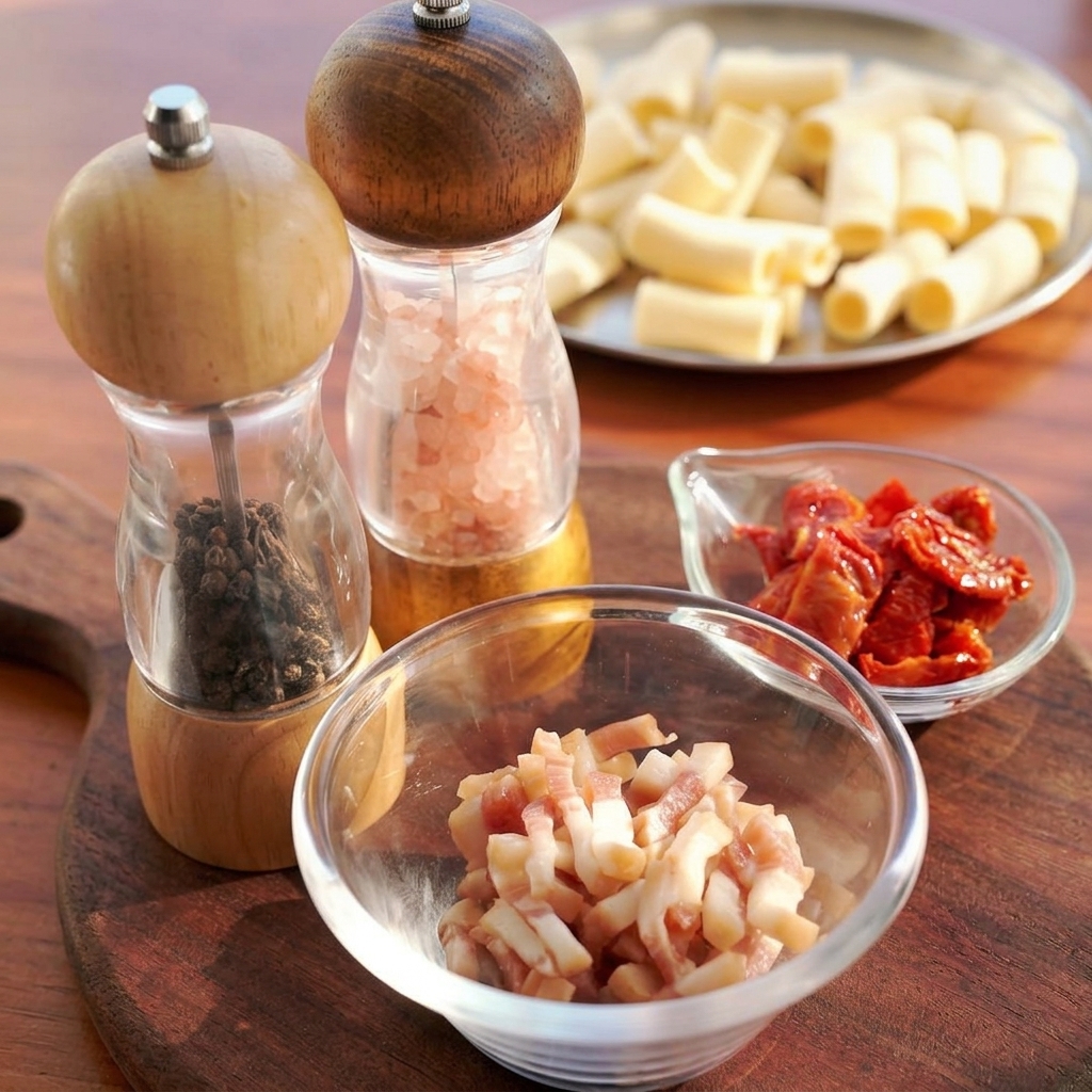 Eine kleine Glasschüssel mit gewürfelter roher Guanciale auf einem Holzbrett neben Pasta und getrockneten Tomaten.