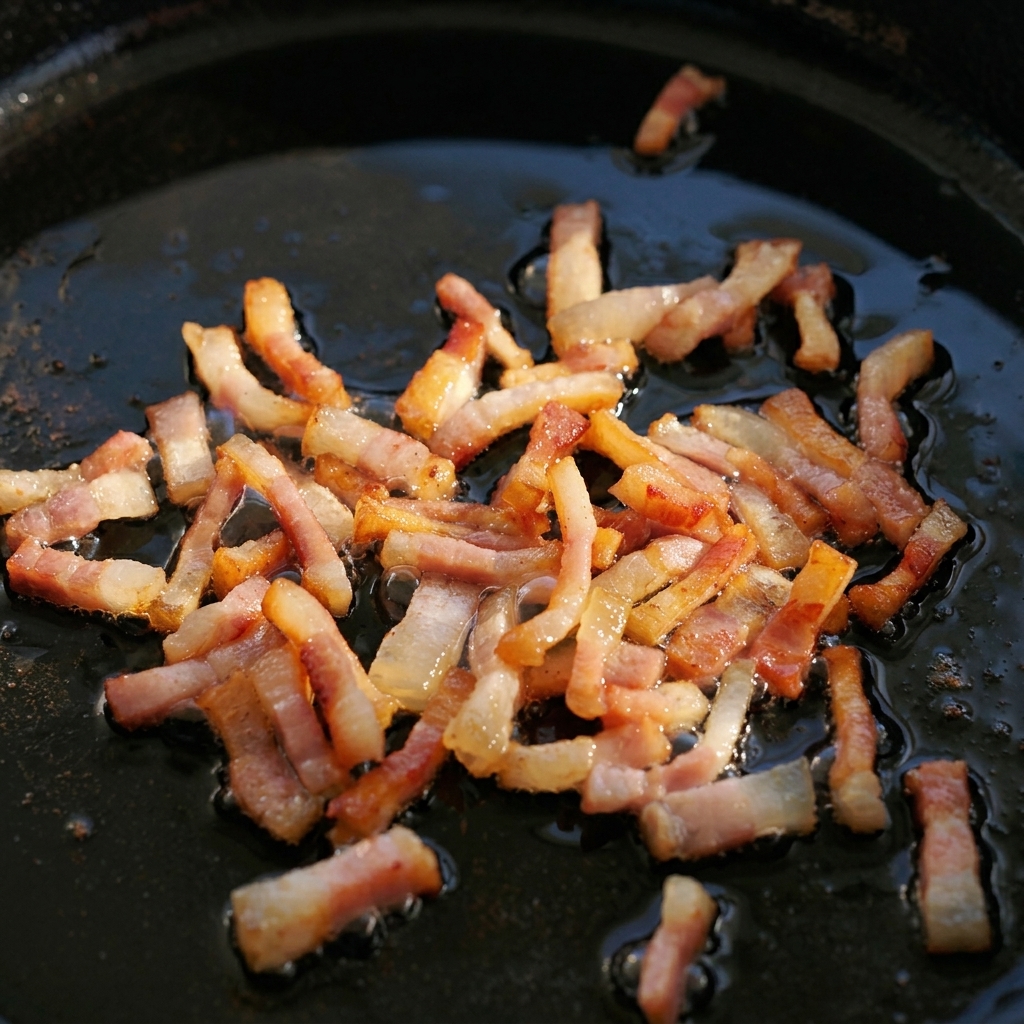 Kleine Guanciale-Stücke brutzeln und bräunen im eigenen Fett in einer gusseisernen Pfanne.
