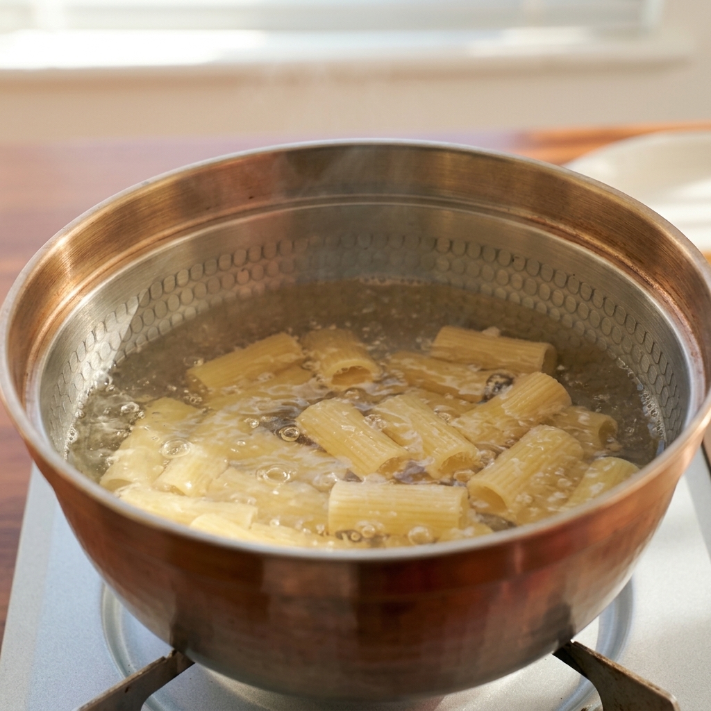 Rigatoni-Nudeln kochen sprudelnd in einem Edelstahltopf auf dem Herd.