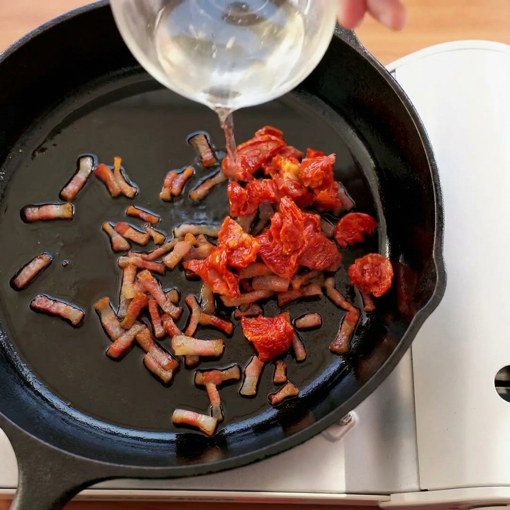 Getrocknete Tomaten und knusprige Guanciale werden gemeinsam in einer Pfanne angebraten.