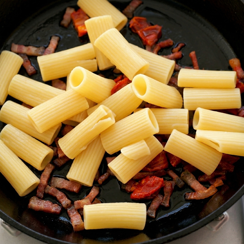 Gekochte Rigatoni werden in die Pfanne zu Guanciale und getrockneten Tomaten gegeben.
