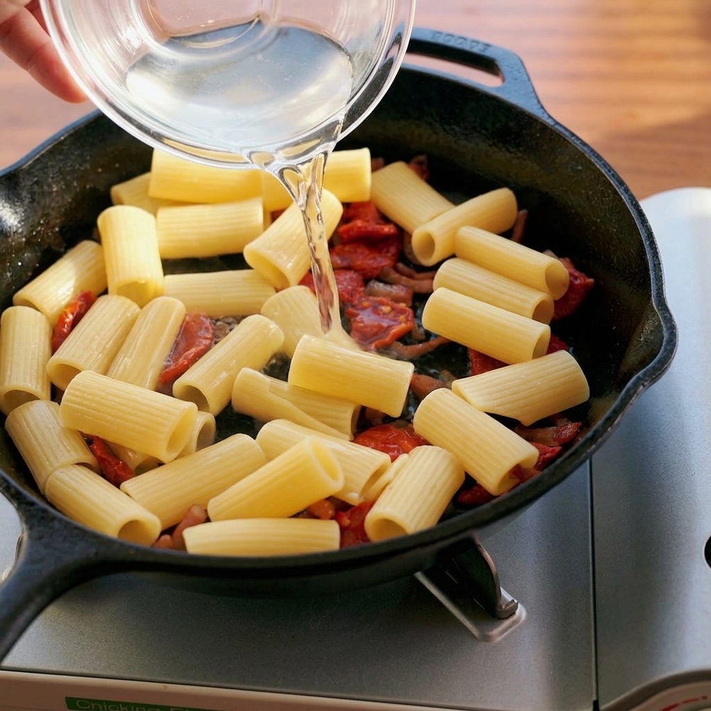 Stärkehaltiges Nudelwasser wird aus einer Schale in die Pfanne mit den Rigatoni gegossen.