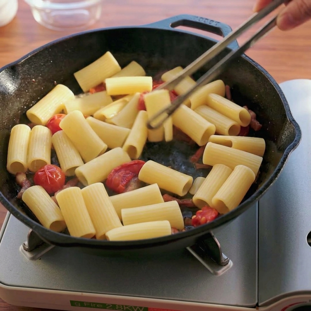 Eine Küchenzange vermischt Rigatoni mit Tomaten und Guanciale in einer schwarzen Pfanne.