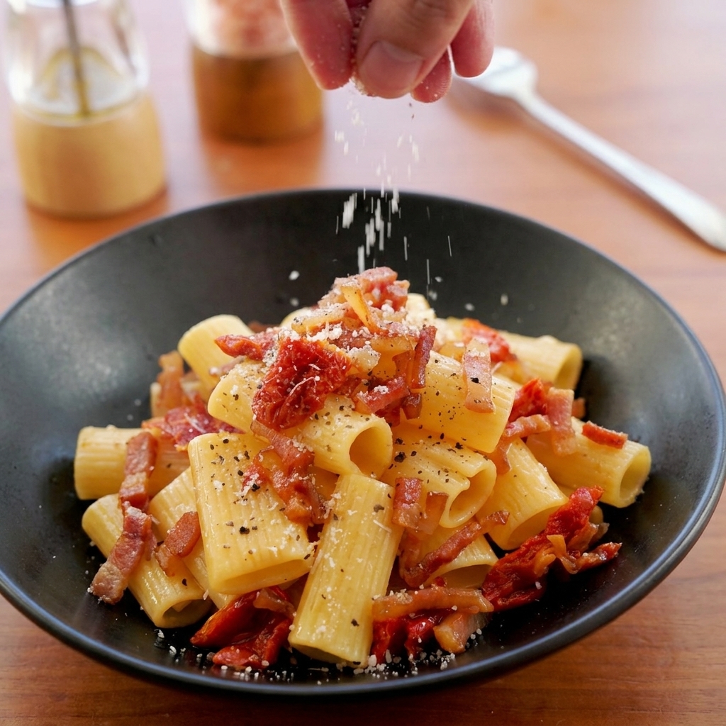 Eine Hand streut geriebenen Käse über eine servierte Schüssel Rigatoni mit Guanciale.
