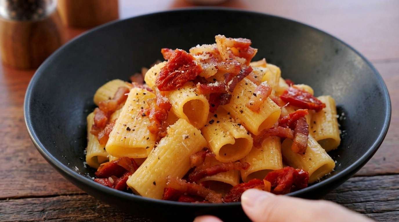 Rigatoni mit knuspriger Guanciale und getrockneten Tomaten