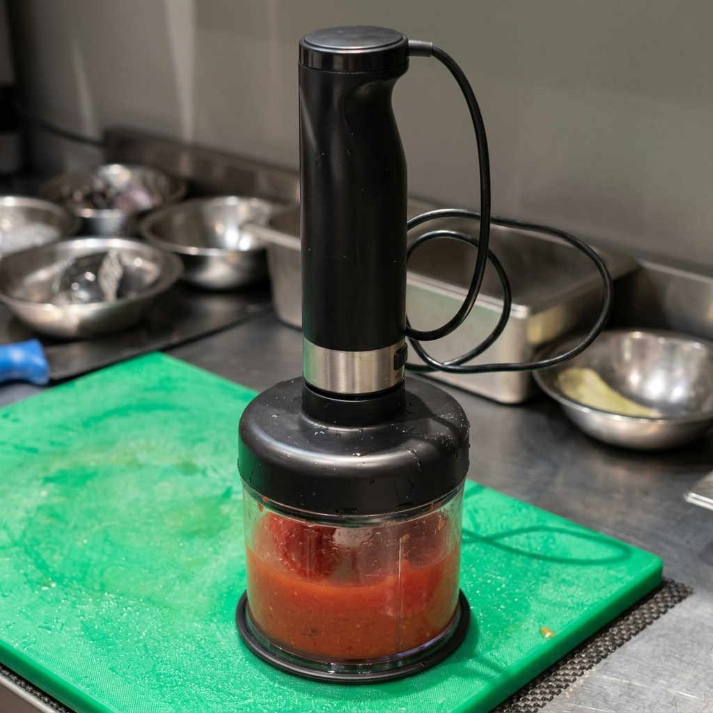 Ein schwarzer Stabmixer in einem Behälter mit leuchtend rotem Tomatenpüree auf einem grünen Schneidebrett.