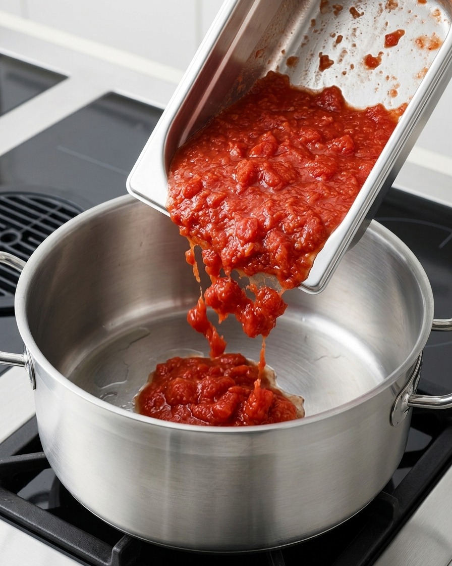 Rotes Tomatenpüree wird aus einem Metallbehälter in einen Edelstahltopf gegossen.