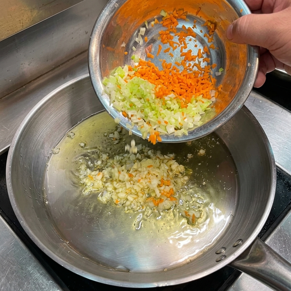 Fein gewürfeltes Gemüse wird in eine heiße Pfanne mit Knoblauch gegeben.