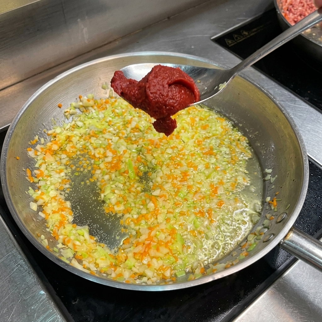 Ein Löffel mit dunklem Tomatenmark über einer Pfanne mit gedünstetem Gemüse.