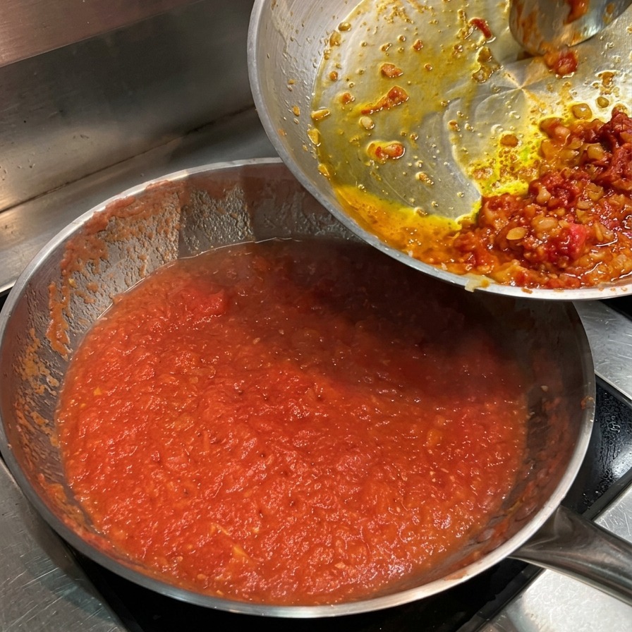 Gedünstetes Gemüse wird in die Pfanne mit dem köchelnden Tomatenpüree gegeben.