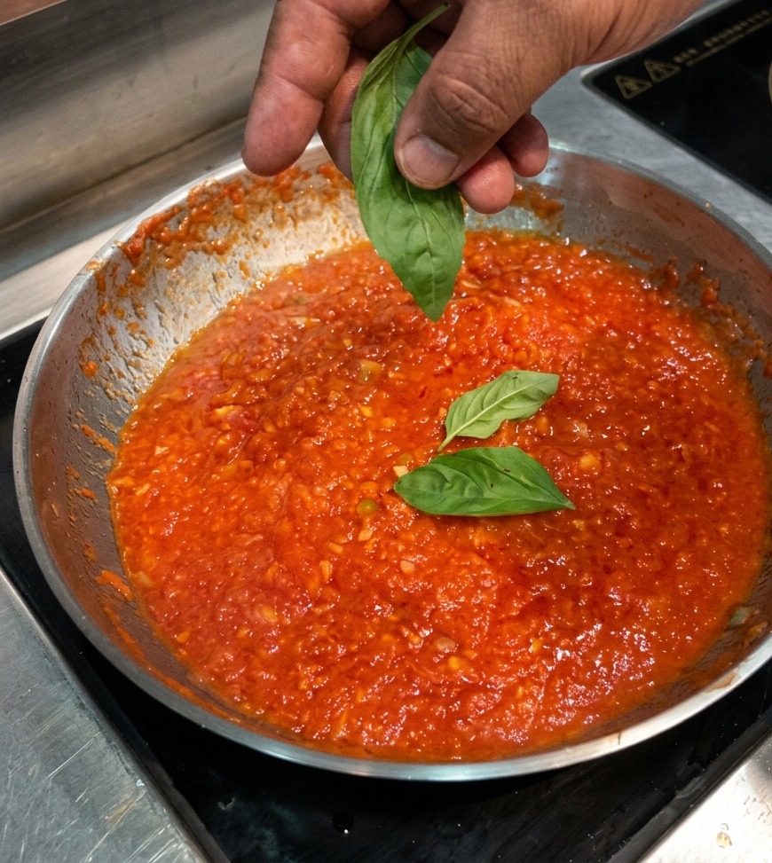 Eine Hand gibt frische Basilikumblätter in die brodelnde Tomatensauce.