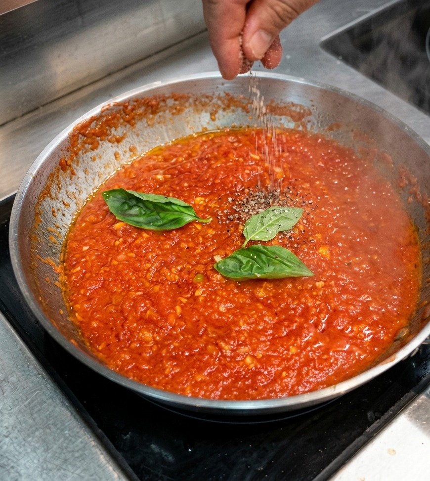 Salz und Pfeffer werden von oben in die köchelnde Sauce gestreut.