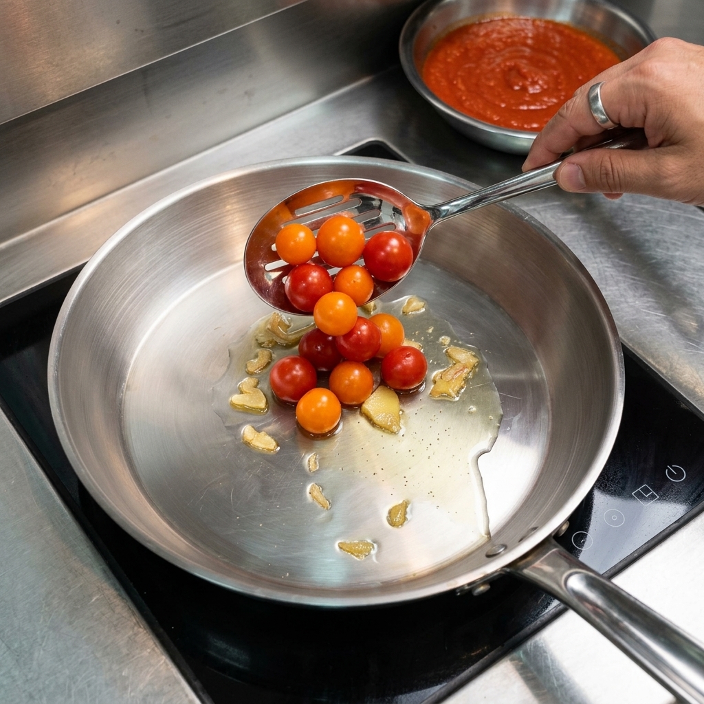 Kirschtomaten werden in eine Pfanne mit heißem Öl gegeben.