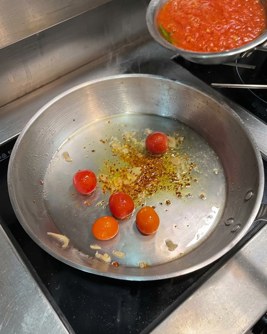 Die Tomatensauce wird zu den Kirschtomaten in die Pfanne gegossen.