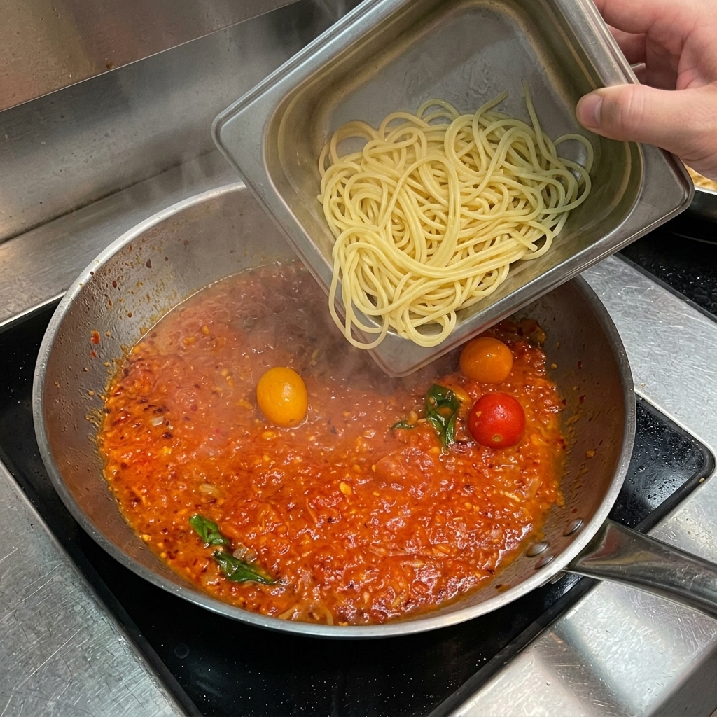Gekochte Spaghetti werden in die Pfanne mit der Tomatensauce gegeben.