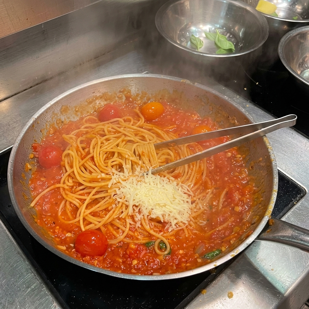 Spaghetti in Sauce werden mit Parmesan und einem Stück Butter verfeinert.