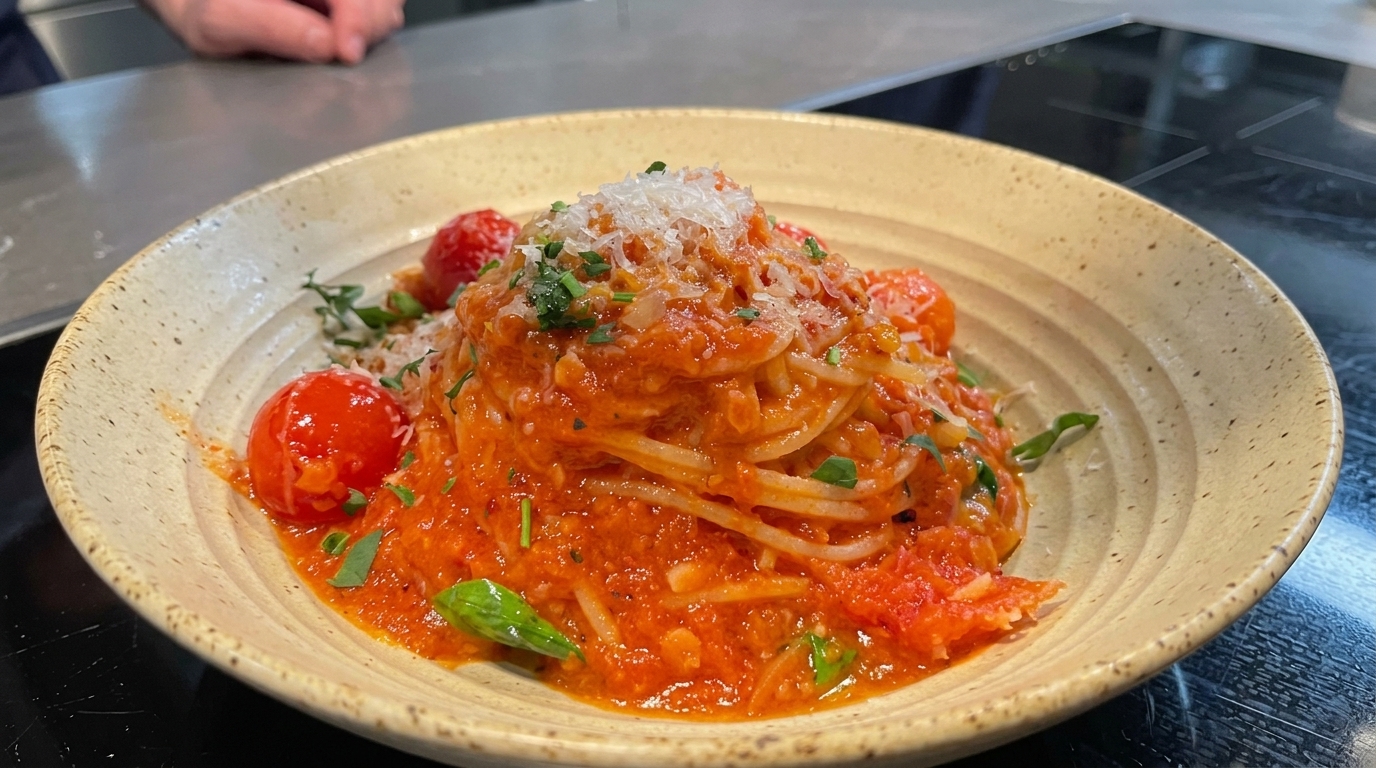 Hausgemachte Spaghetti mit frischer Tomatensauce und Basilikum