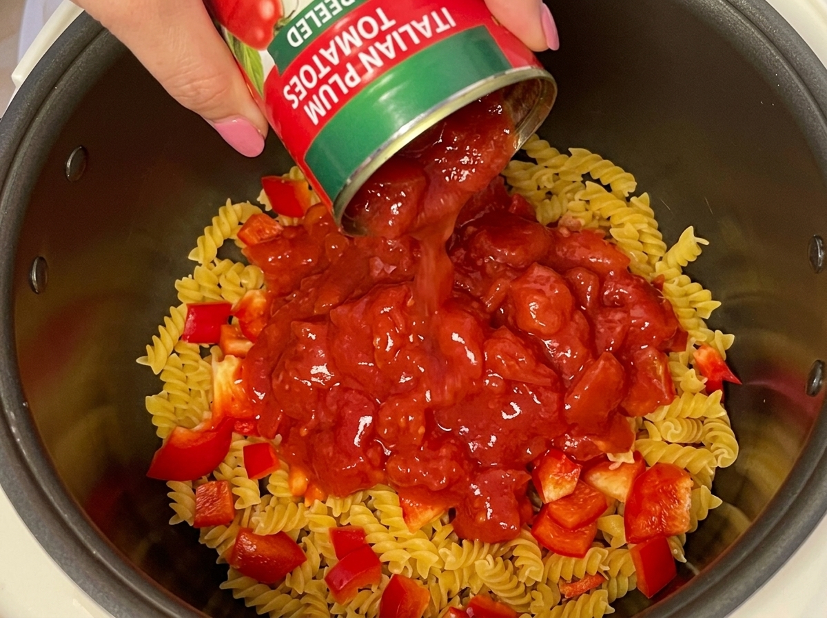 Eine Dose stückige Tomaten wird über die Fusilli und die Paprikawürfel gegossen.