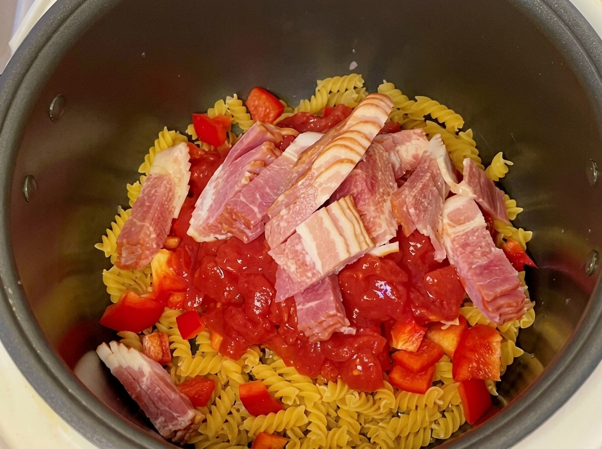 Rohe Speckscheiben liegen oben auf den Tomaten und Nudeln im Reiskocher-Topf.