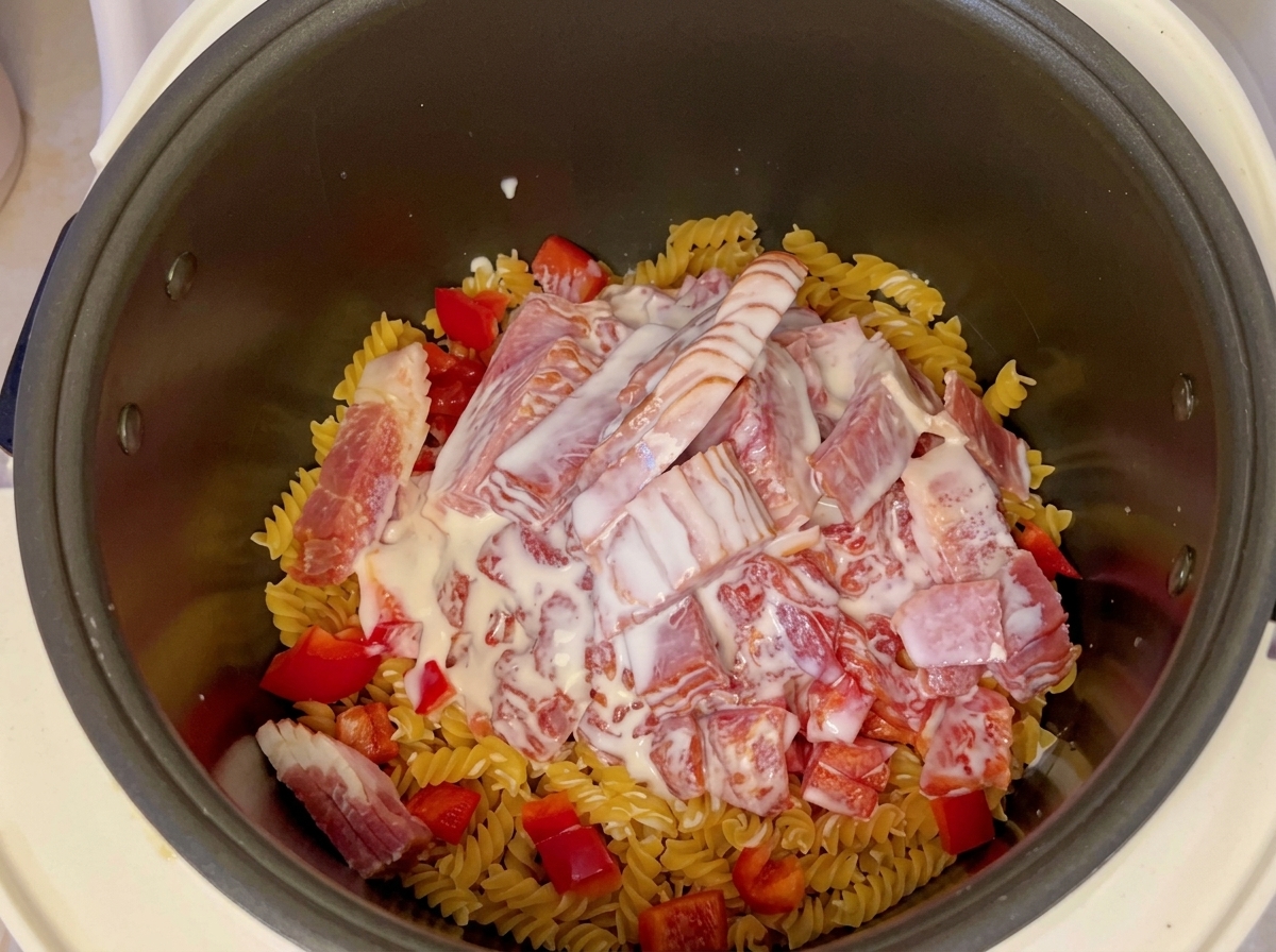 Milch wird über den Speck, die Tomaten und die Pasta im Reiskocher gegossen.