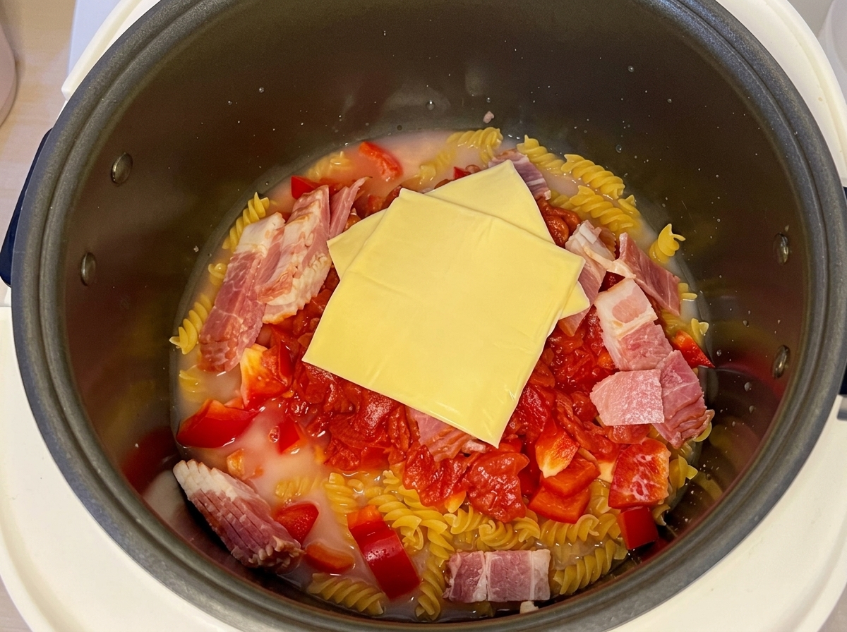 Zwei Scheiben Schmelzkäse liegen oben auf der Mischung im flüssigkeitsgefüllten Reiskocher.