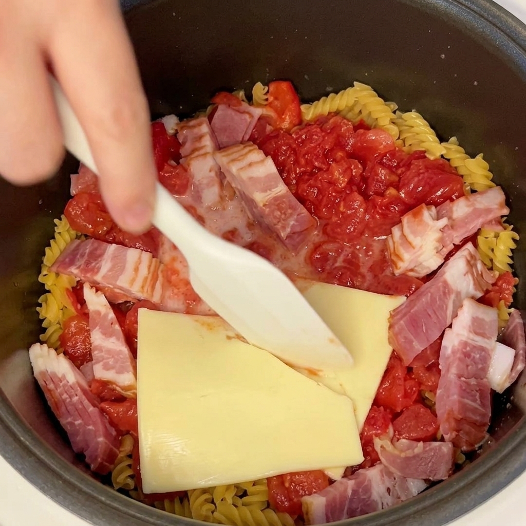 Ein Pfannenwender rührt die Nudeln, Speckstreifen und den Käse im Reiskocher kräftig um.