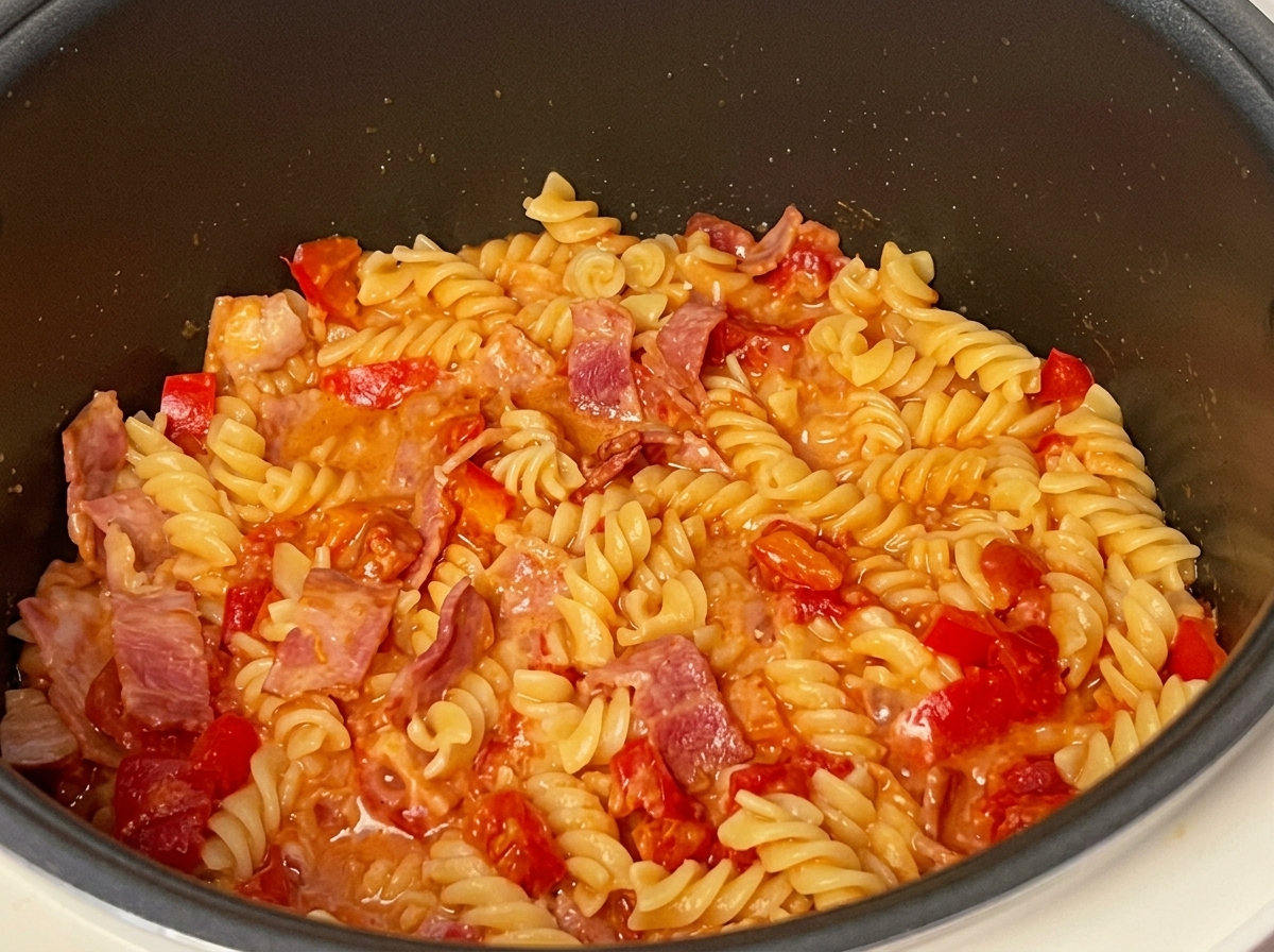 Fertig gekochte Fusilli in einer sämigen Tomatensauce mit sichtbarem Speck im Reiskocher.