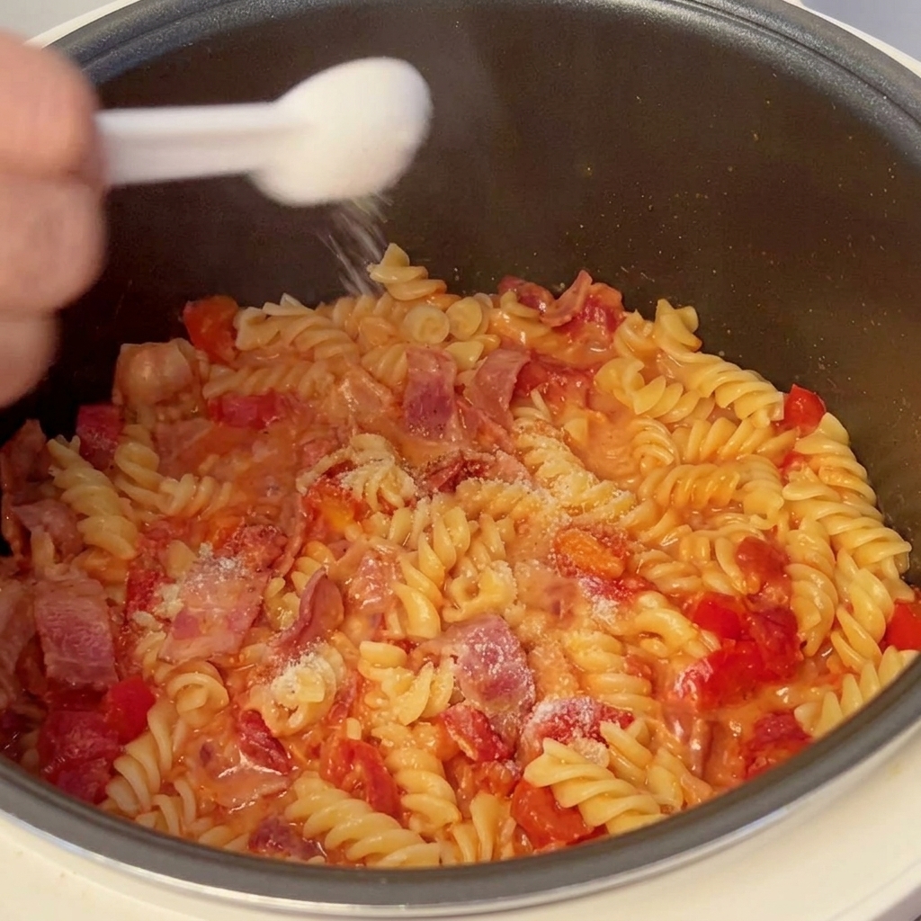 Eine Hand streut mit einem kleinen Löffel Salz über die fertige Tomaten-Speck-Pasta.