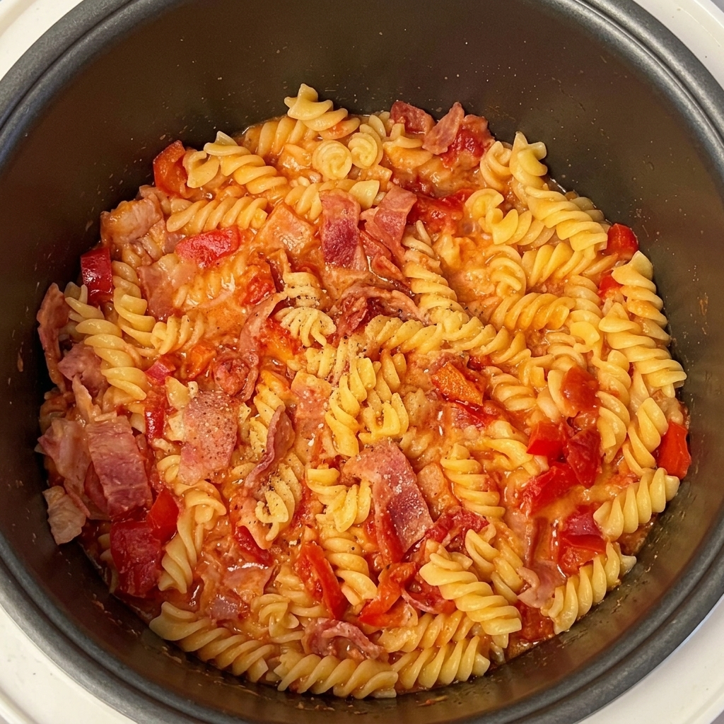 Die fertige Tomatenpasta im Topf, bestreut mit frisch gemahlenem schwarzen Pfeffer.
