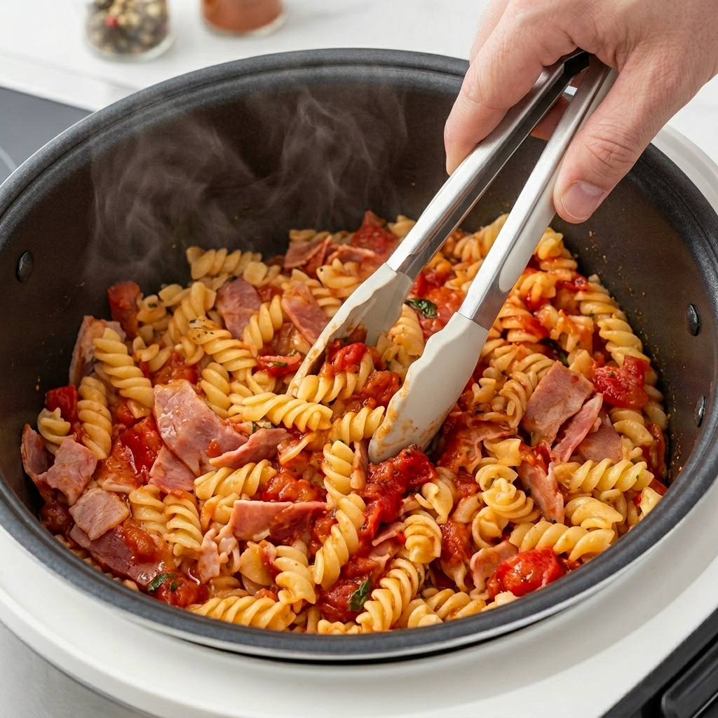 Eine Küchenzange vermengt die dampfende Pasta, Tomaten und Speckstreifen im Topf.