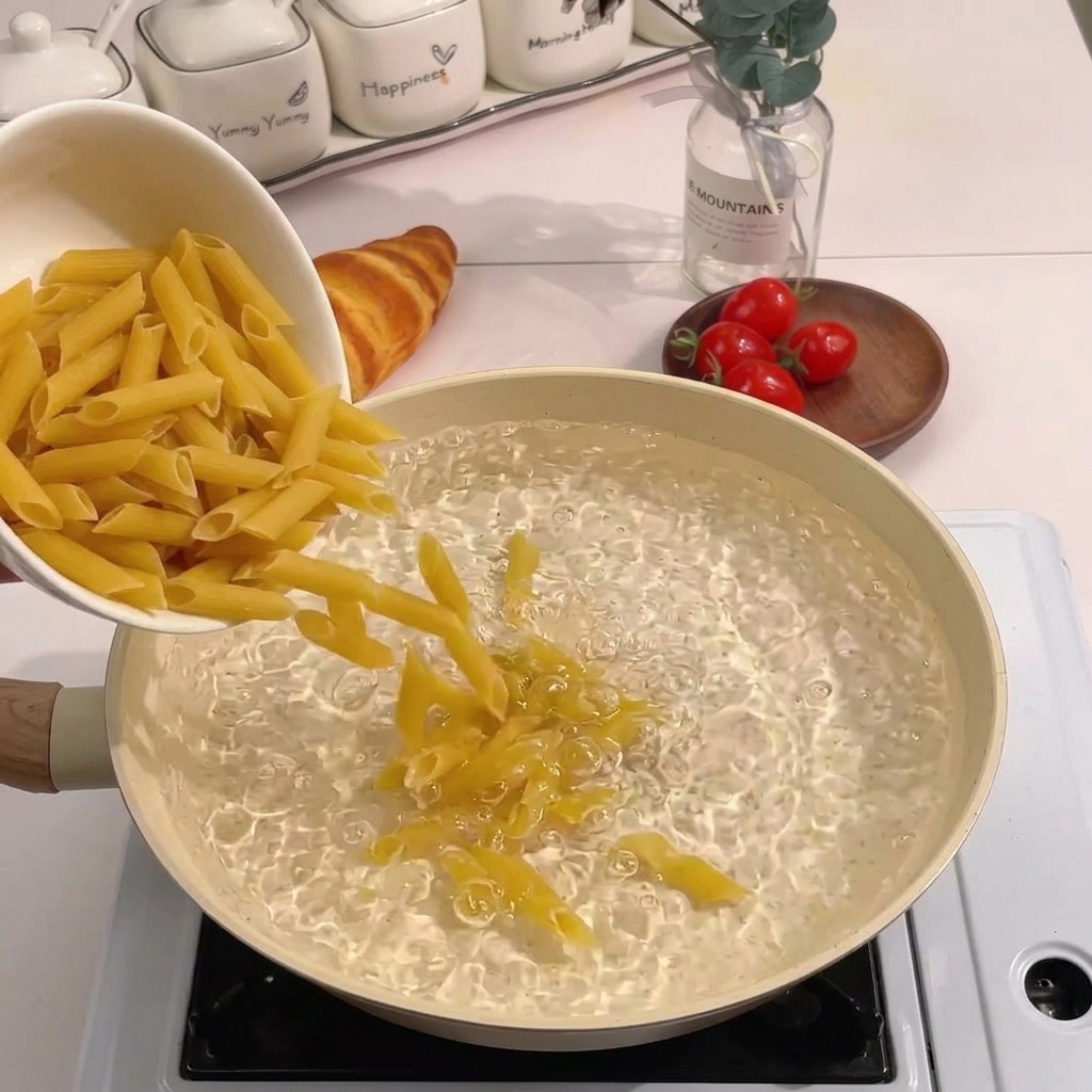 Trockene Penne werden aus einer weißen Schüssel in einen Topf mit sprudelnd kochendem Wasser geschüttet.