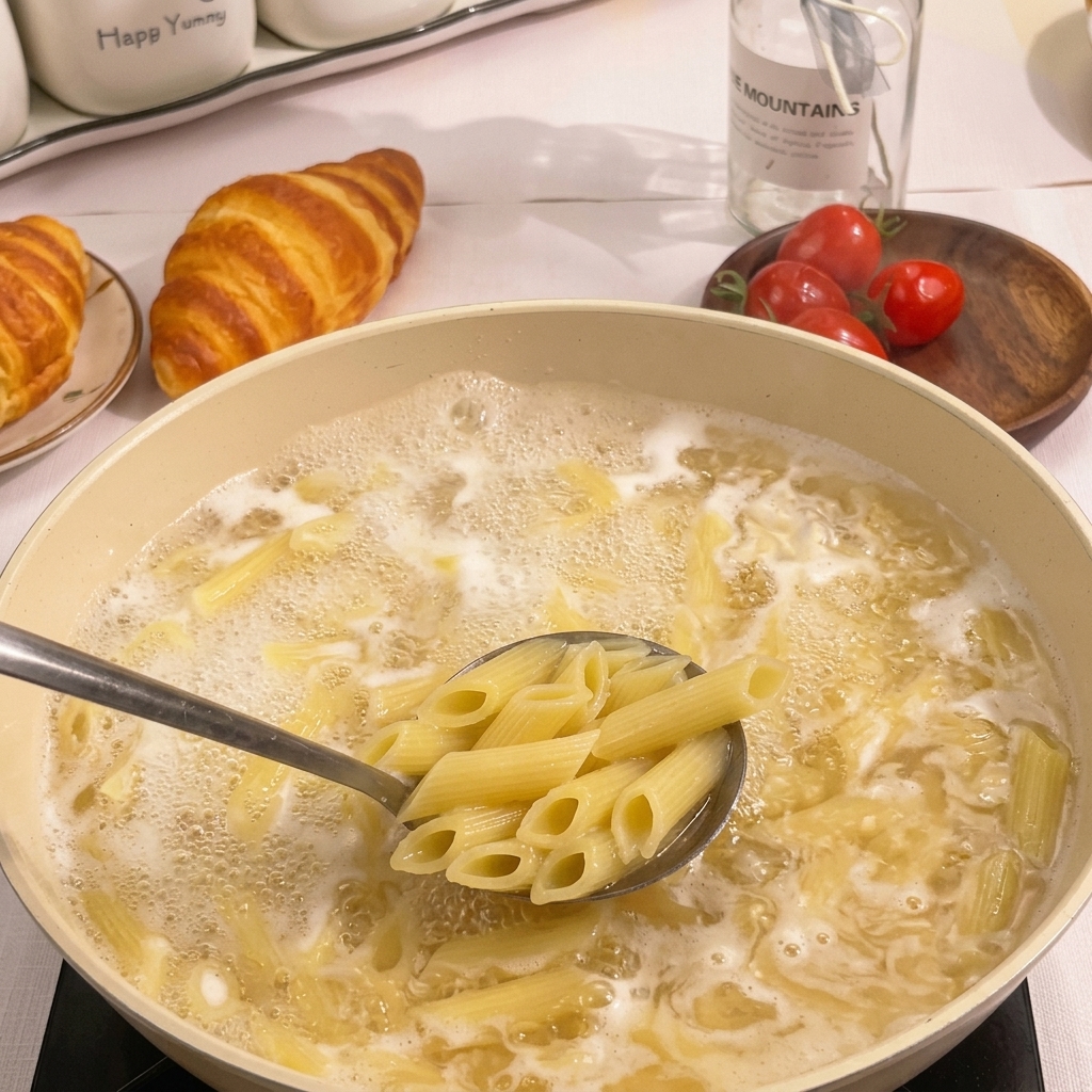 Ein Schaumlöffel aus Metall hebt gekochte Penne aus einem Topf mit kochendem Wasser.