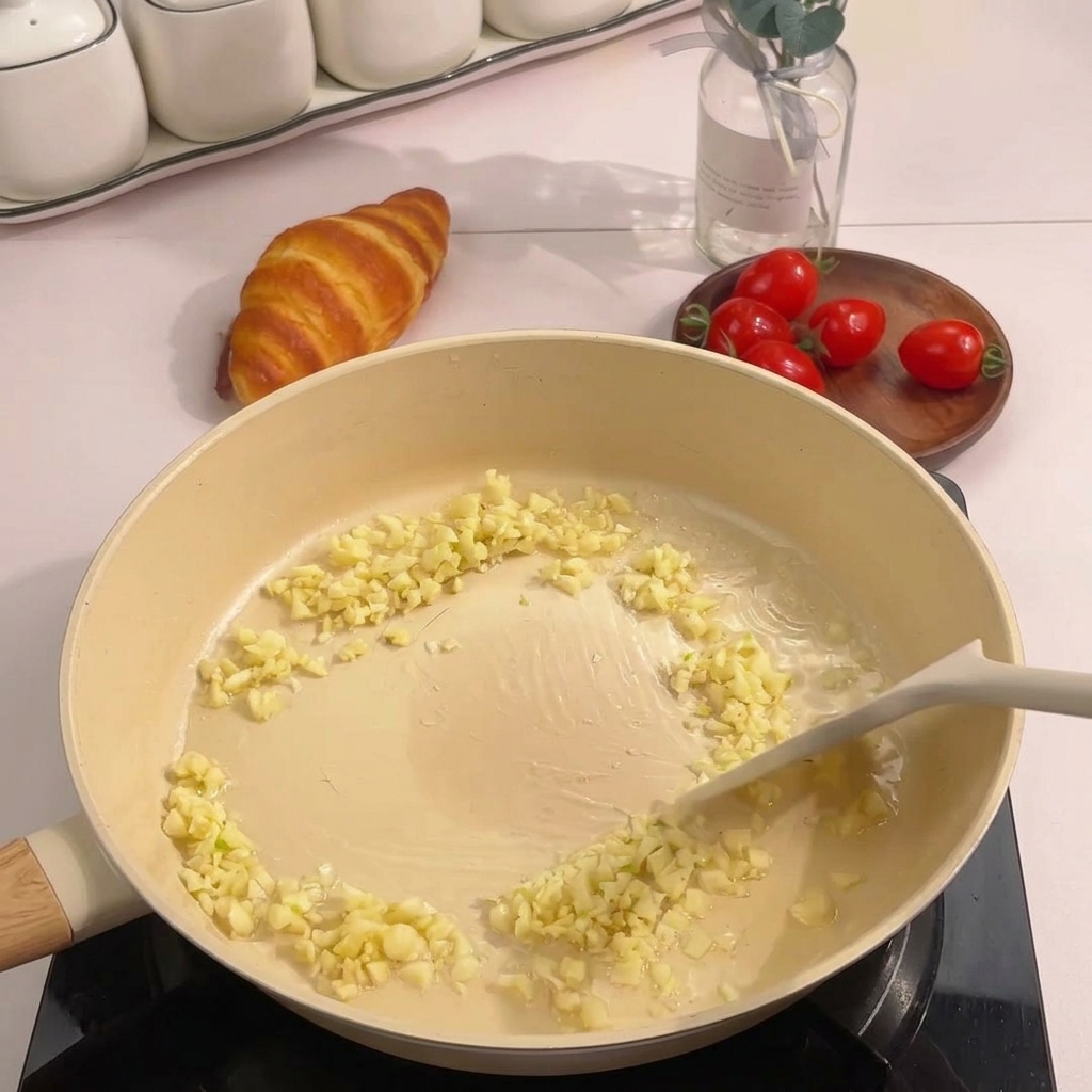 Gehackter Knoblauch wird in einer dünnen Schicht Öl in einer beigen, beschichteten Pfanne angebraten.