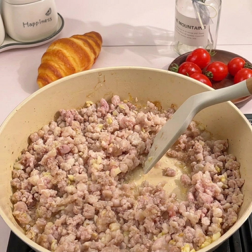 Hackfleisch wird in einer heißen Pfanne mit einem Silikonspatel angebraten und zerkleinert.