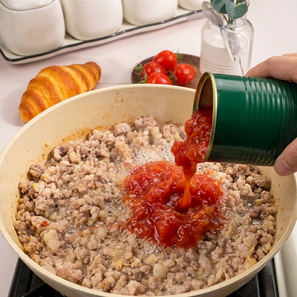 Eine Dose stückige rote Tomaten wird in die Pfanne zum angebratenen Hackfleisch gegossen.