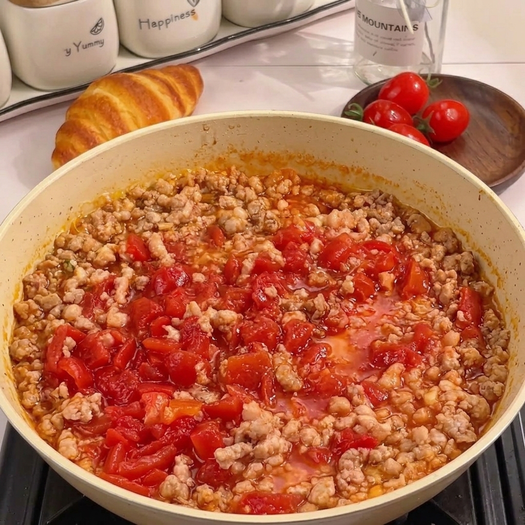 Eine dickflüssige, rote Sauce aus Tomaten und Hackfleisch köchelt in einer Pfanne.