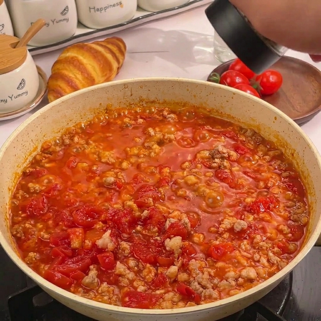 Eine Hand mahlt mit einer schwarzen Pfeffermühle Pfeffer über die köchelnde Sauce in einer gesprenkelten Pfanne.