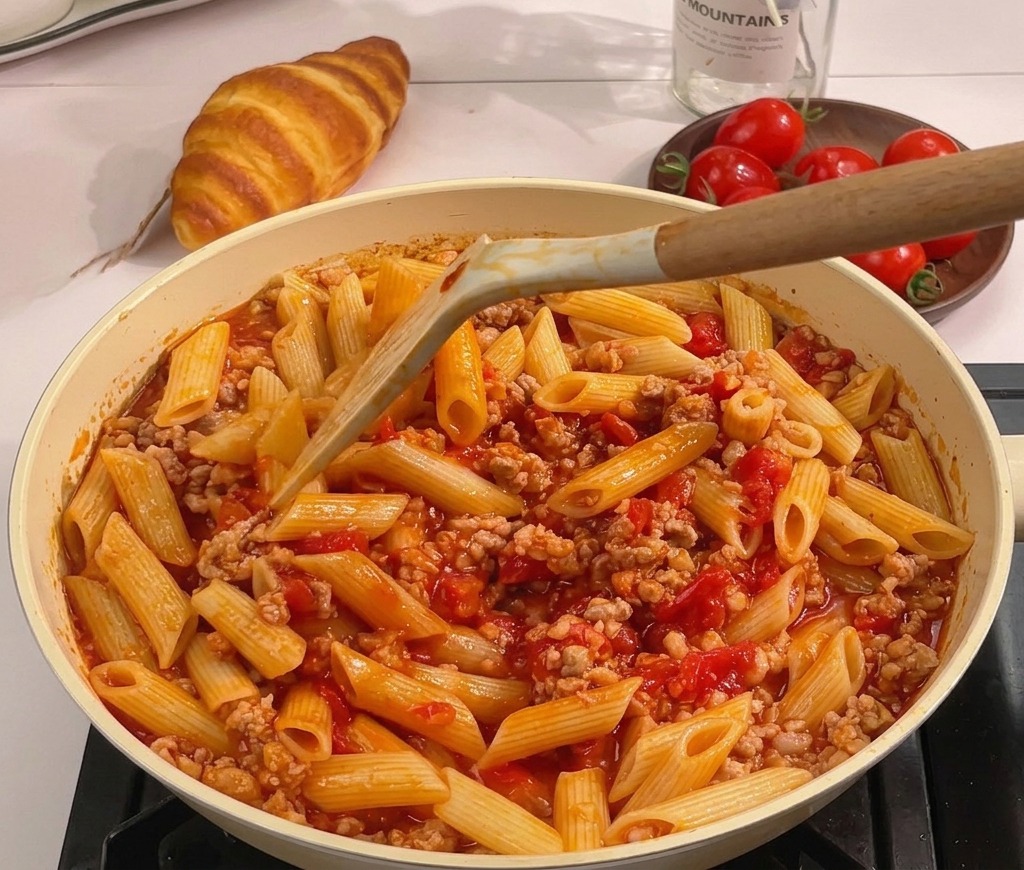 Ein Pfannenwender vermengt Penne mit der roten Sauce in einer großen Pfanne.