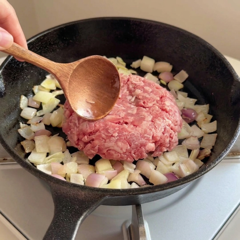 Rohes Rinderhackfleisch wird zu den angedünsteten Zwiebeln in die schwarze Pfanne gegeben.